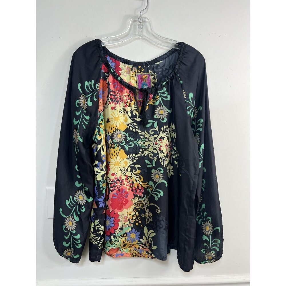Johnny Was Women’s Floral Silk Top Long Sleeve Tasseled Tie Front Boho Small